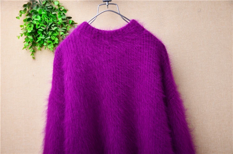 Feminino primavera inverno grosso quente roxo peludo vison cashmere malha longa lanterna mangas o pescoço solto pulôver camisola puxar