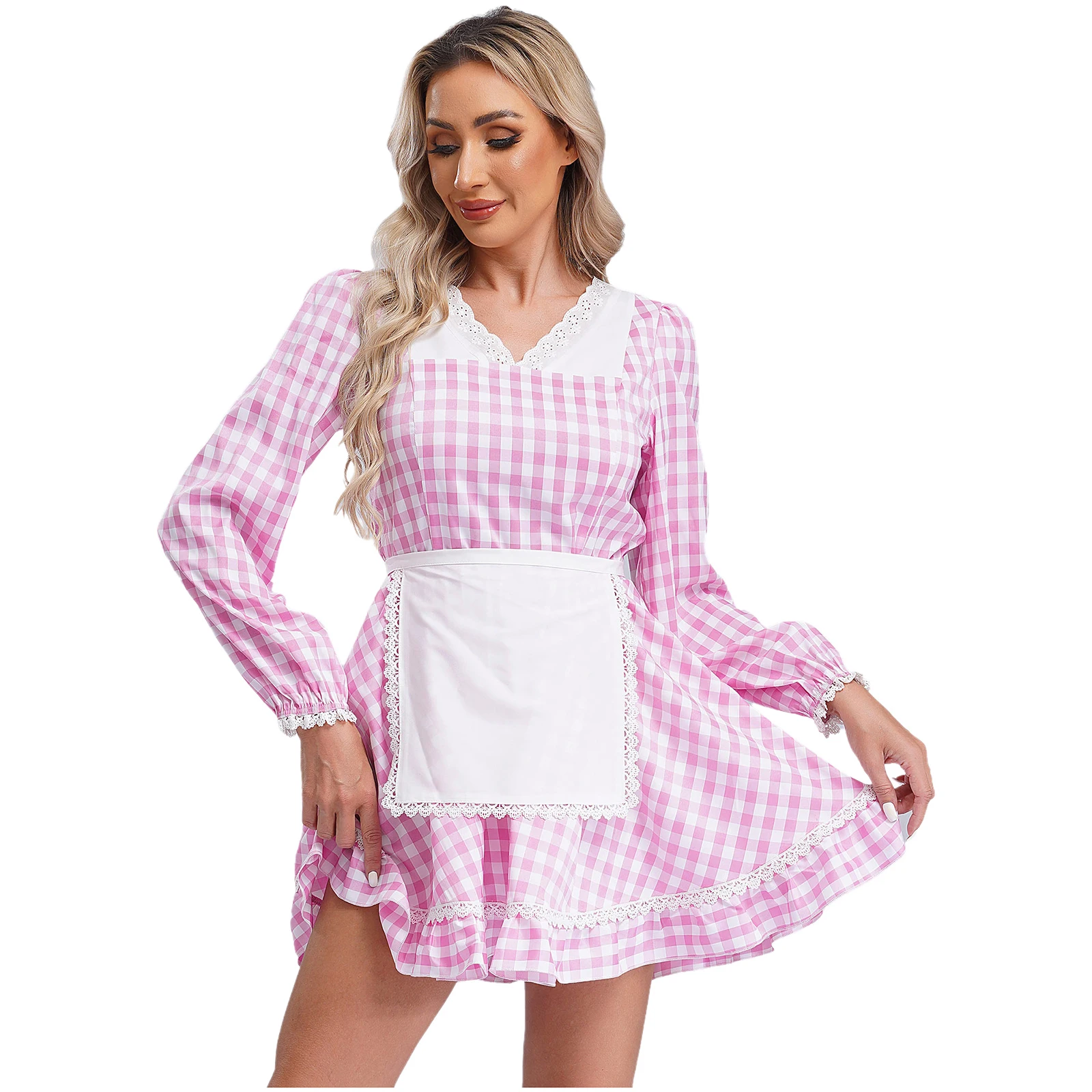 Women Doll Costume Margot Robbie Movie French Maid Cosplay Dress Costume V Neck Long Sleeve Lace Trim Gingham Dress with Apron