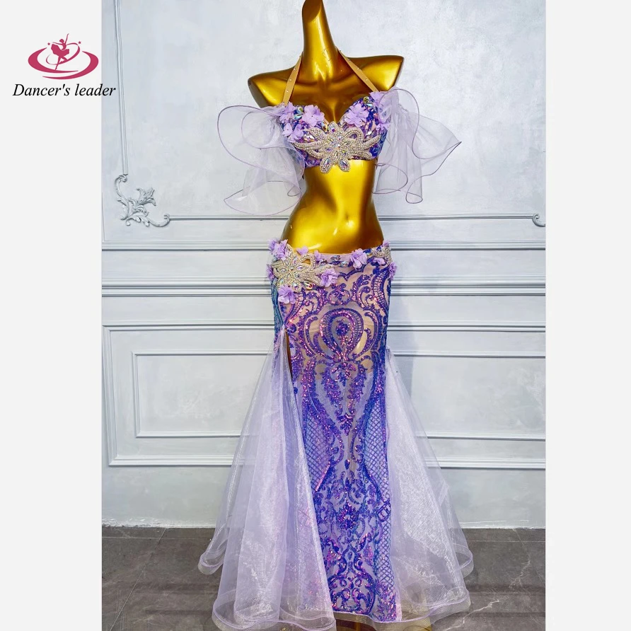 Belly Dance Professional dress High-end Purple Flower Tulle with Diamond Female Adult Stage Professional Clothing