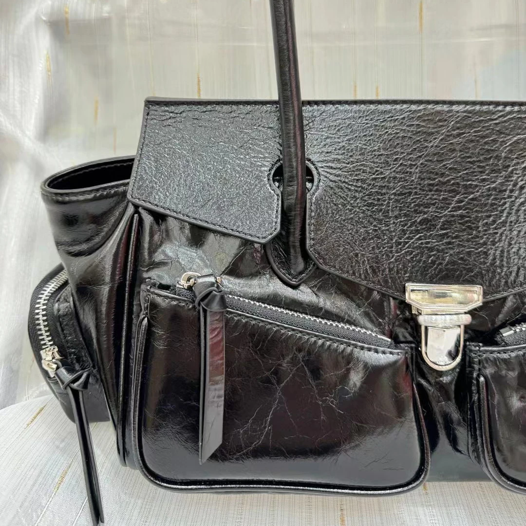 Genuine Leather Handbag Women Long Handle Retro Oil Wax Style Top layer of cowhide Shoulder Crossbody Bag Soft Versatile Fashion