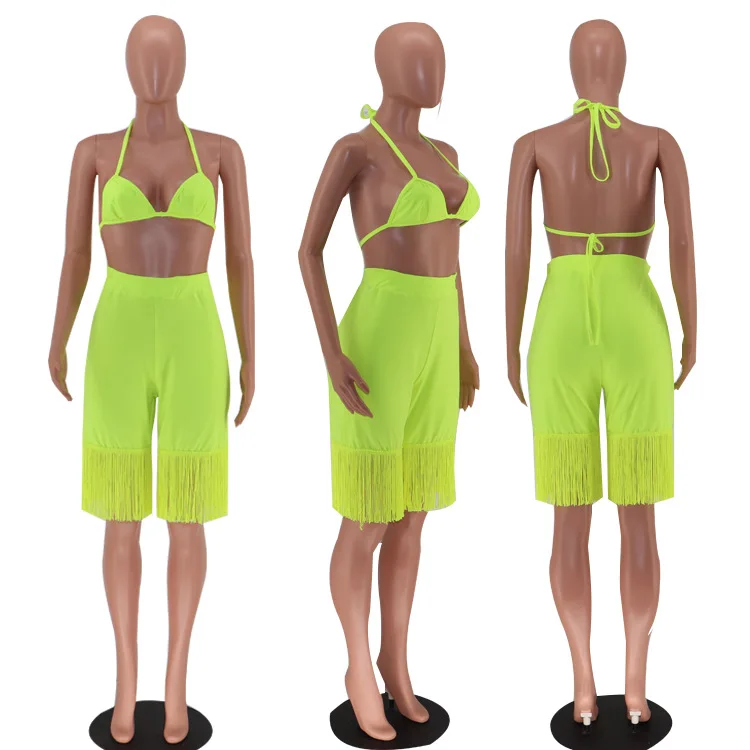 BKLD 2 Piece Set Women Casual Neon Color Tracksuits Summer Beach Party Crop Top And Tassel Shorts Sets Women Fashion New 2024