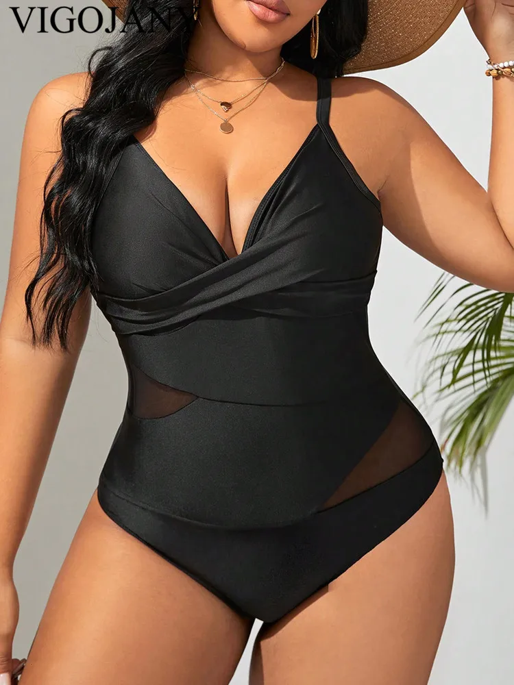 VigoJany 2024 Black Strapped Plus Size Swimwear Women Push Up Large One Piece Swimsuit Summer Beach Chubby Big Bathing Suit