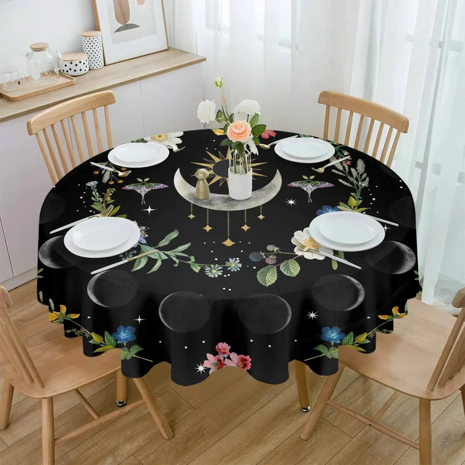 Lunar Flowers Plants Retro Stars Black Round Tablecloth Waterproof Table Cover Home Kitchen Table Cloth Dining Table Decoration