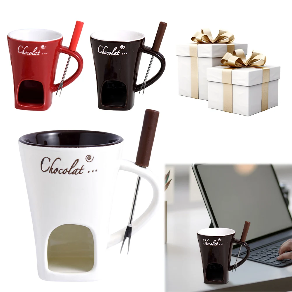 

Candle Cup Heating Food Ceramic Mug with Fork Ceramic Chocolate Cup Personal Fondue Mugs for Date Night Birthday & Wedding Gifts