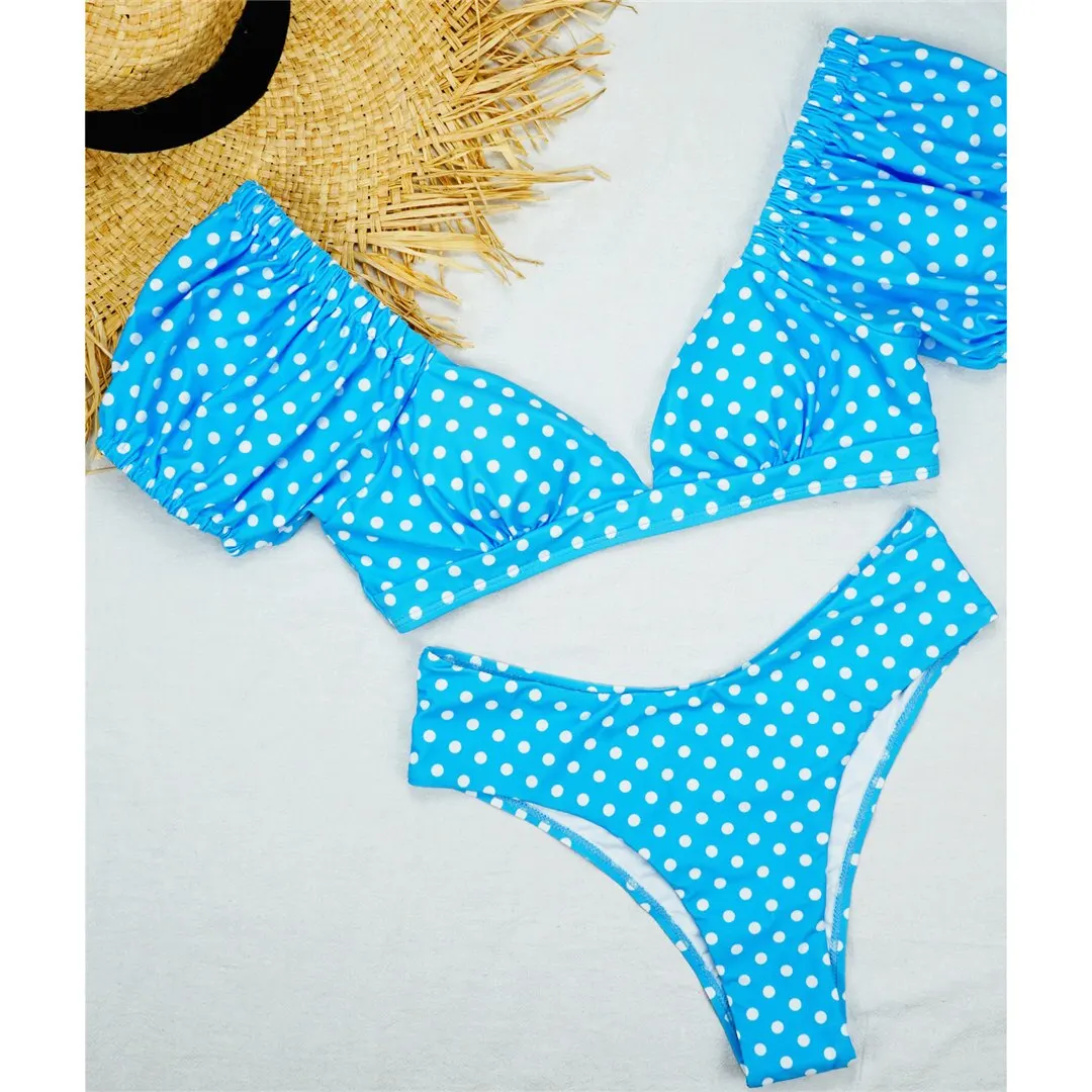 NEU Sexy Polka Dots V-Ausschnitt Bikini mit mittlerer Taille, Damen-Badeanzug, zweiteiliger Bikini-Set, Badebekleidung, Badeanzug, Schwimmanzug V1909 – Detail 19