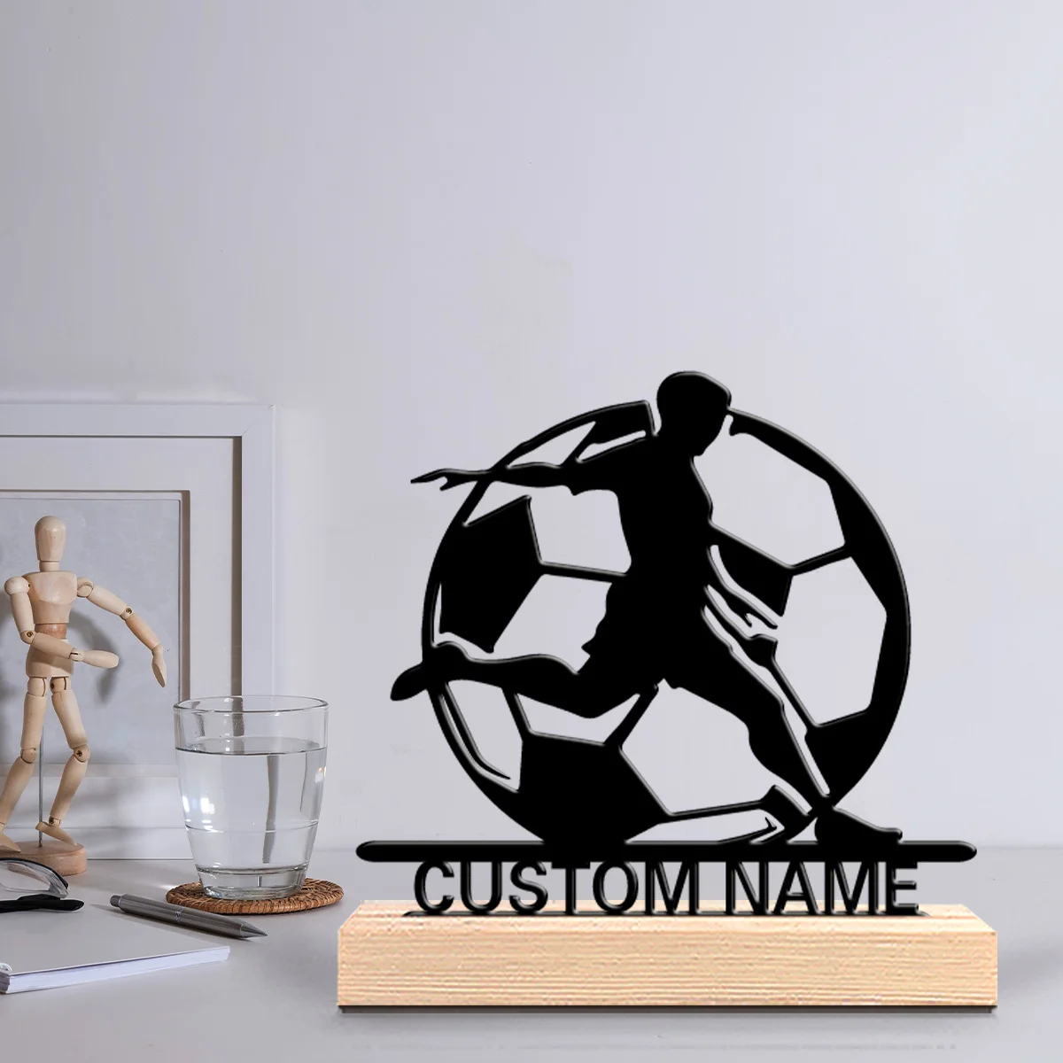 1pc Simple soccer Personalized Letter Metal Statue Iron Ornament With Wood Base With Wood Base Study Desktop Decoration