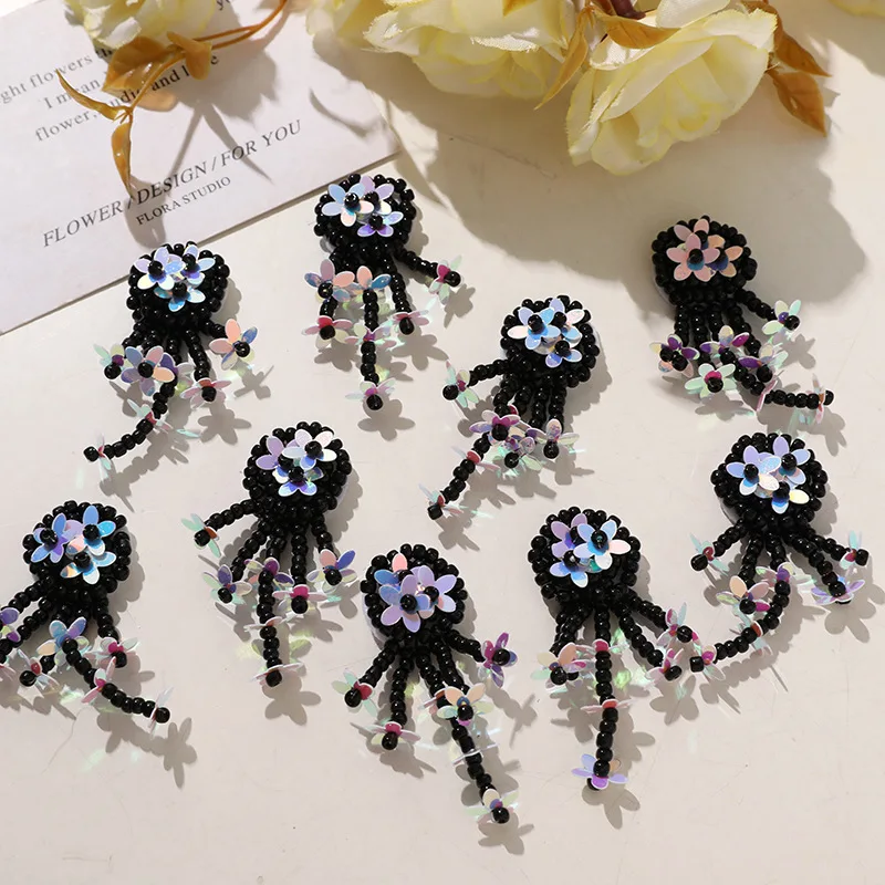 Clog Charms 1 Piece Black Tassel Beaded Sequin Flower Fabric Patch DIY Accessory for Clear Crystal Sandals Princess Style