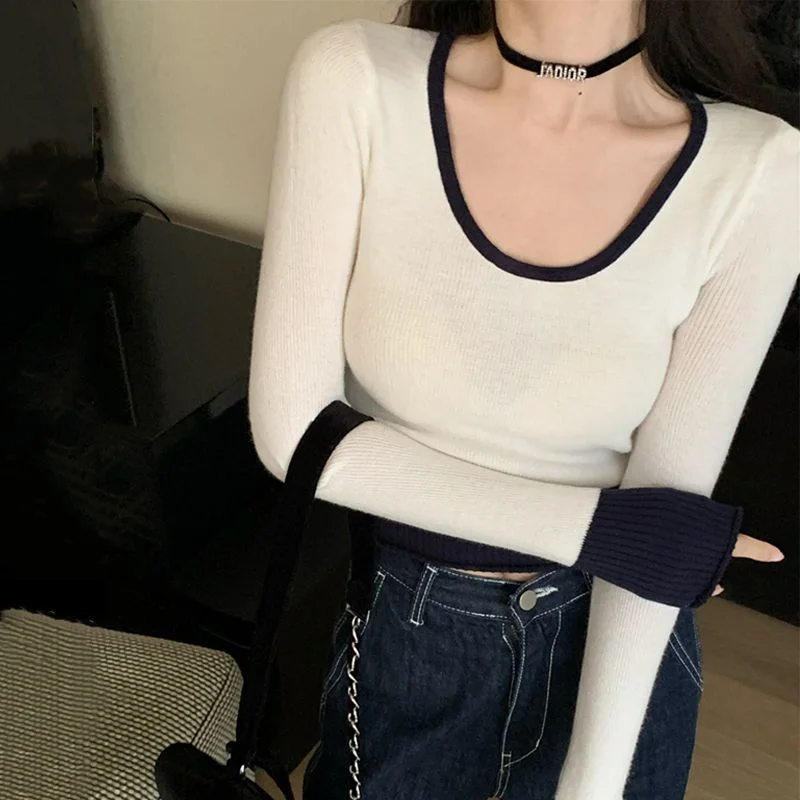 Pullovers Women Patchwork Gentle Ulzzang Panelled Sweet Slim O-neck Cropped Cozy Leisure Office Lady Temper Harajuku Designed