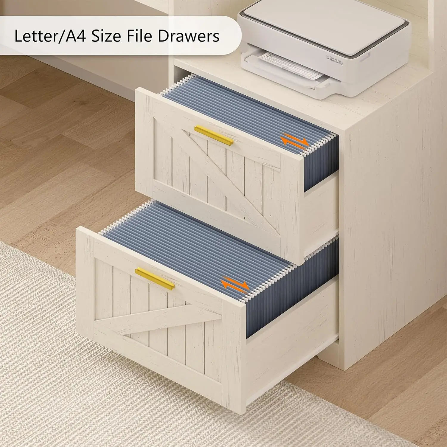 Farmhouse L Shaped Desk with Drawers, 62.2" Home Office Desk with Storage Shelves and Power Outlet, L Shaped, Customized