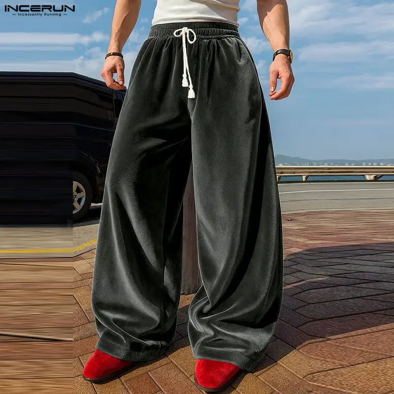 

INCERUN Men Pants Solid Color Velour Drawstring Joggers Trousers Men Streetwear Loose Fashion Casual Male Wide Leg Pants S-5XL