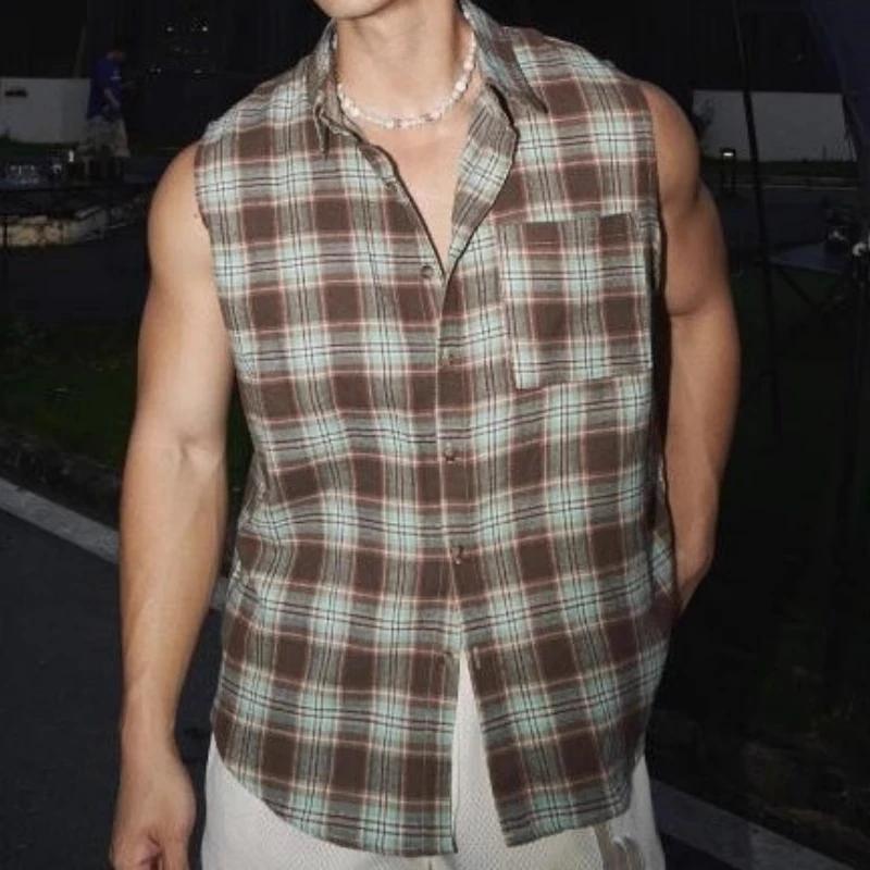 

Летняя тонкая мужская рубашка большого размера в американском ретро-стиле, повседневная клетчатая рубашка без рукавов, свободный крой, молодежный тренд, летняя одежда