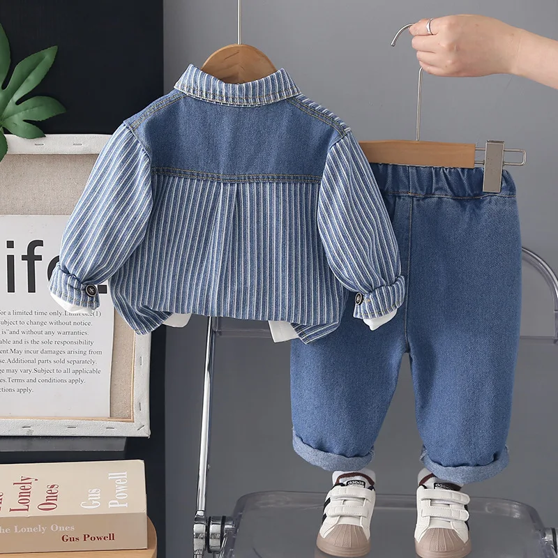 Toddler Boys Outfits Kids Clothing 2026 Spring Autumn Baby Boy Clothes Striped Denim Jacket + White T-shirts + Pants 3 Piece Set
