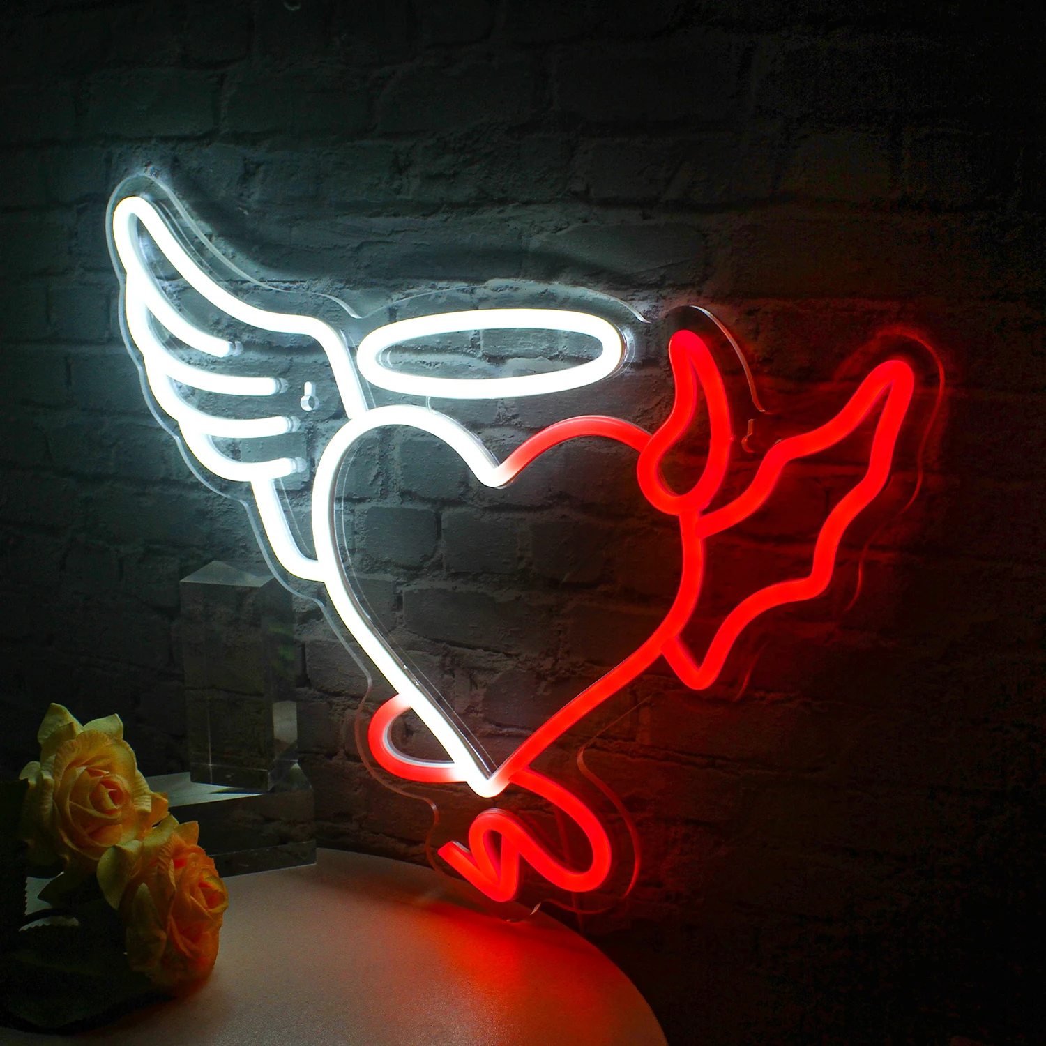 Heart Neon Led Sign Half Angel Devil Logo Neon Lights Red White Light Up Signs For Bedroom Home Bars Wedding Birthday Wall Lamp