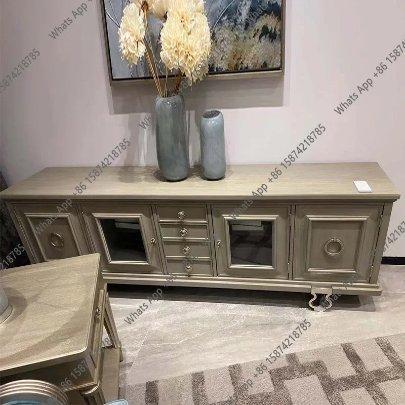 X30 Modern Simple TV Cabinet American Antique Old Champagne Solid Wood Engraved Metal Foot TV Cabinet