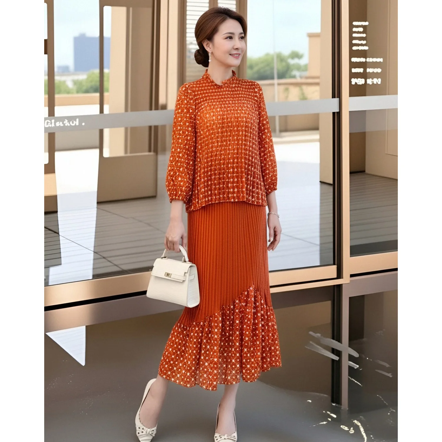 

Miyake Pleated Spliced Printed Skirt Set Plisse 2026 Spring New Elegant Slim Long Sleeve Top + Spliced Printed Fold Long Skirt