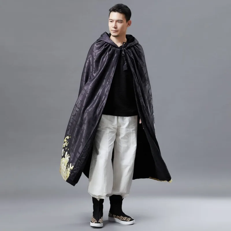 

2025 Retro Autumn New National Style Golden Dragon Print Hooded Long Cloak Cape Man Chinese Style Long Trench Coat Male Shawl