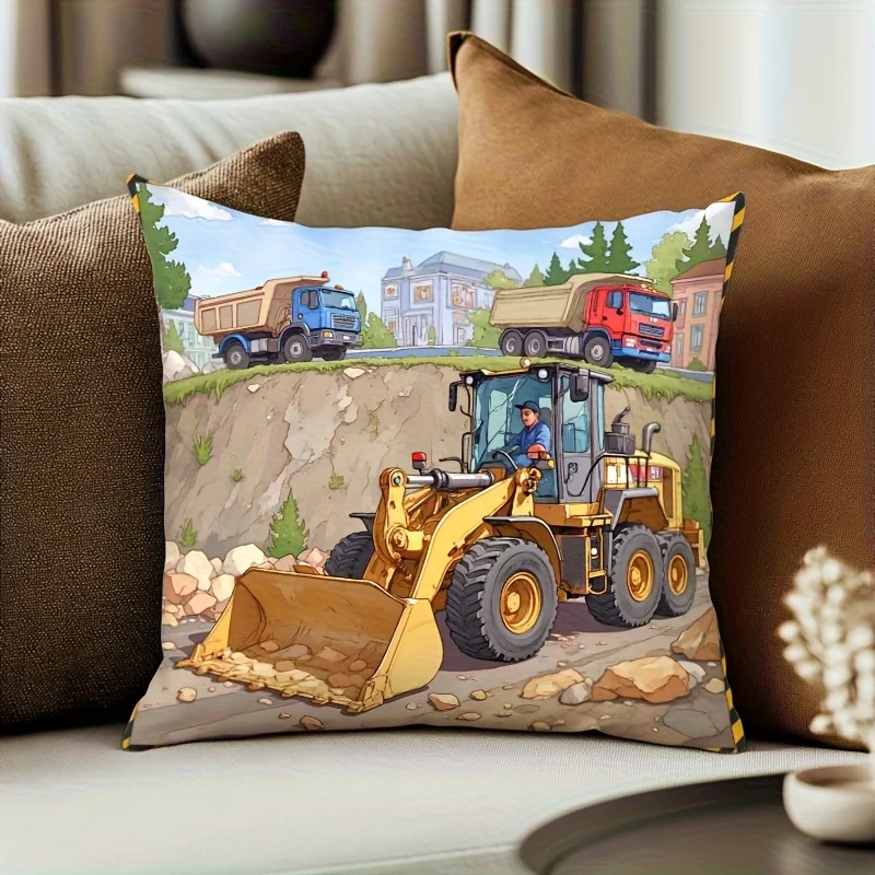 1pc 2D Flat Pillow Not Included Construction Truck Loader Cartoon Cushion Cover Short Plush Kids Room Decor Gift Case