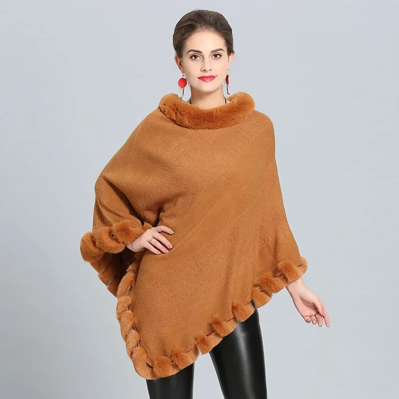 9 Colors Fashion Women Warm Winter Jacquard Weave Poncho Cloak Faux Cashmere O Neck Cape String Fur Triangle Knitted Streetwear