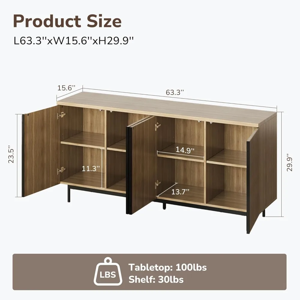 Sideboard Buffet Cabinet,  Storage Cabinet with Fluted Decorative Doors, Modern Console Table for Dinning Room