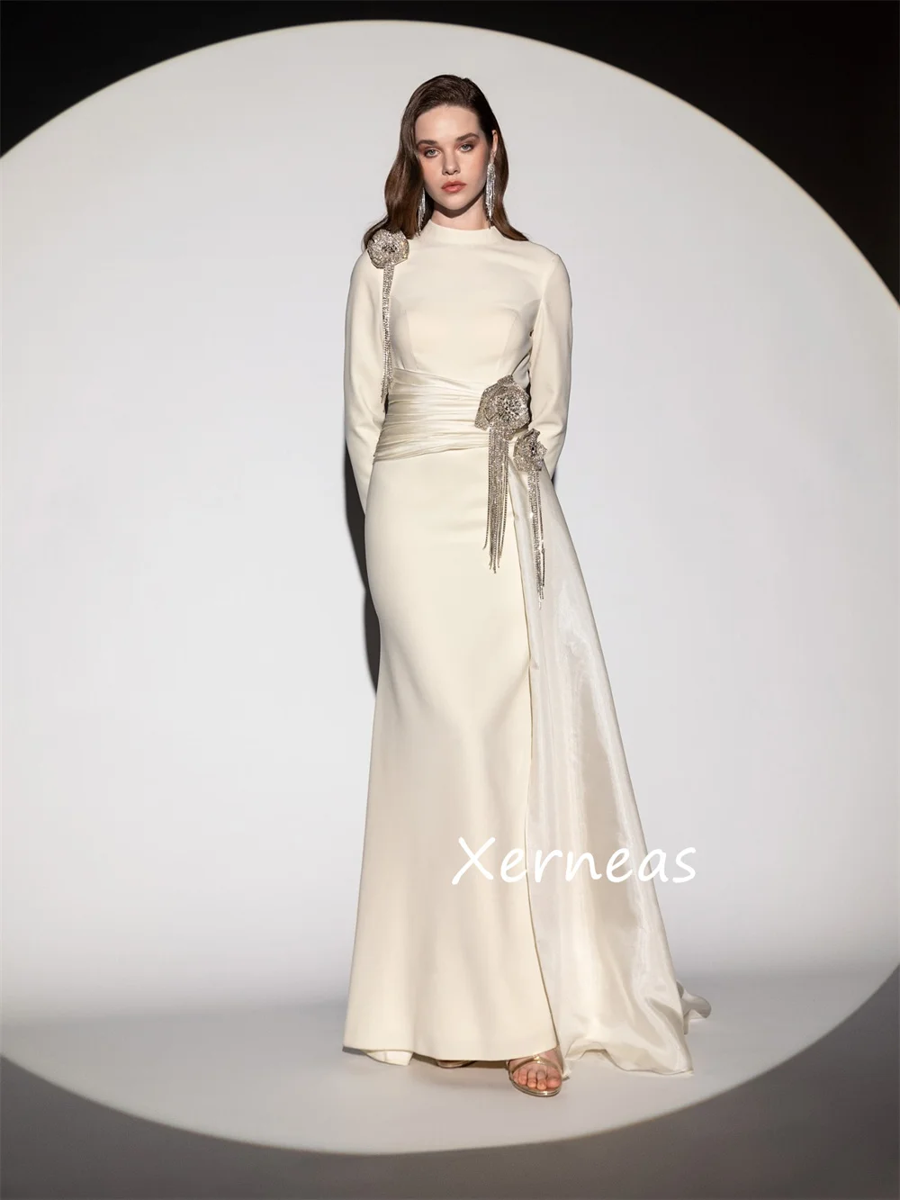 Customized Modern Style Jersey Pleat Flower Sequined Trumpet High Collar Long Dresses Bespoke Occasion Party Sizes Available image 2
