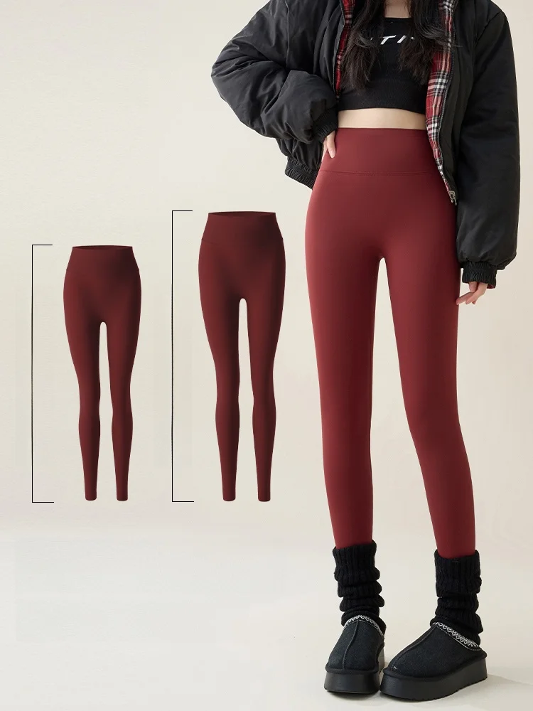 Calças de Yoga de Cintura Alta com Design de Pele de Carneiro, Quentes para o Inverno, Não Apertadas, Alta Elasticidade, Ajuste Confortável, Roupa Externa, Cor Vermelha, Marca