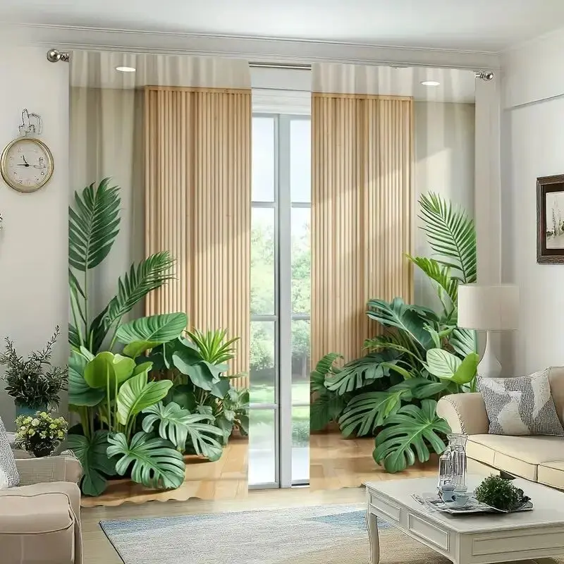 VIKAMA Tropical Rainforest Blackout Curtains Monstera Palm Leaf Design Living Room & Master Bedroom Bay Window