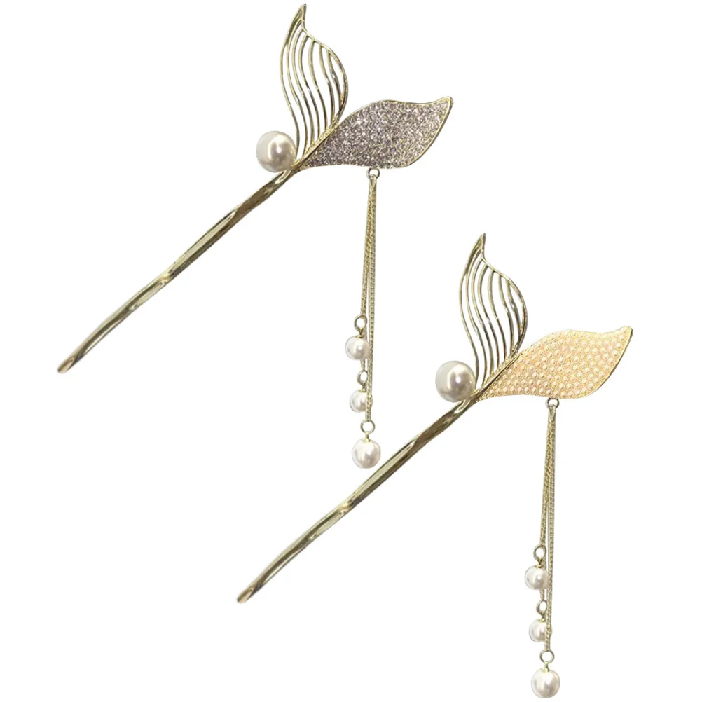 

2Pcs Fishtail Tassel Hairpin Retro Alloy Stick for Buns Vintage Chopsticks Pearl Hair Accessories Women HairDecoration