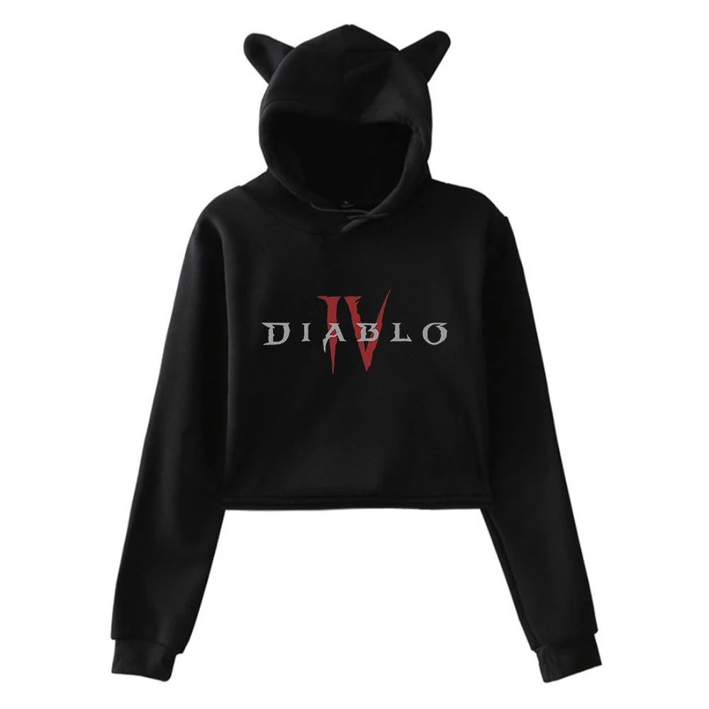 Diablo IV Core Logo Pullover Cat Ears Hoodie Long Sleeve Sweatshirts Female Crop Top Harajuku Streetwear Women's Clothes