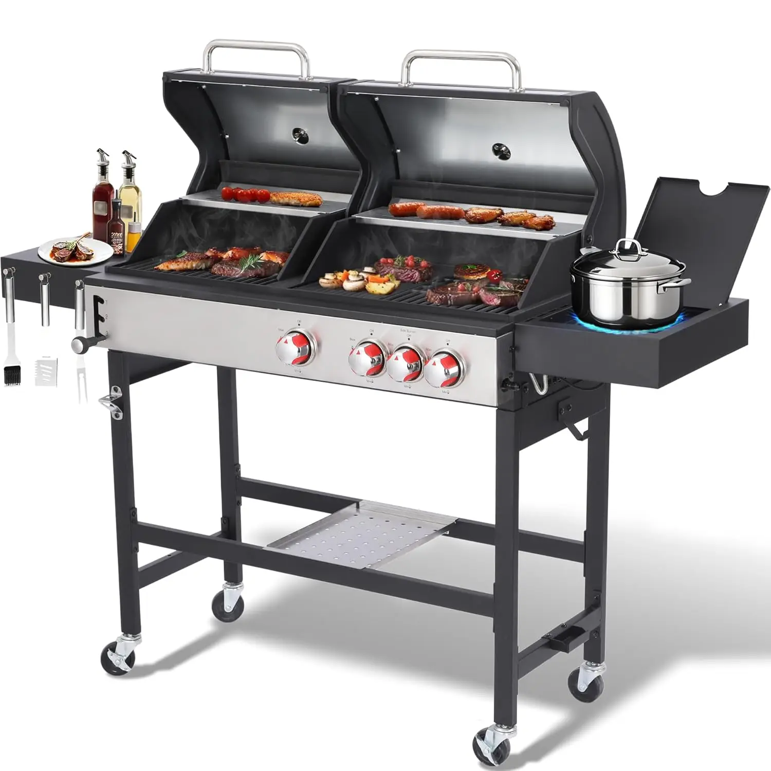 Charcoal Grill and Propane Gas Grill Combo with Side Burner & Porcelain-Enameled Cast Iron Grate, Dual Fuel BBQ, Customized