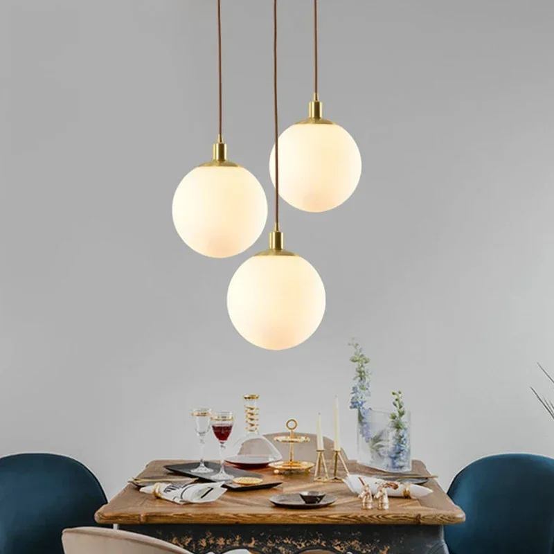 Nordic LED Pendant Light Modern Minimalist Coffee Shop Dining Room Light Milky Glass Orb Chandelier Indoor Home Decoration Light