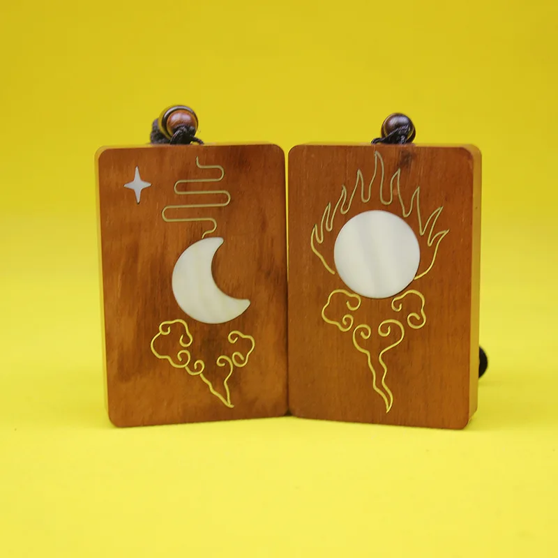 Chinese Style Thunderstruck Jujube Wood Double Sided Carved Wu Shi Pendant Sterling Silver Inlay Sun Moon Star Lucky Blessing