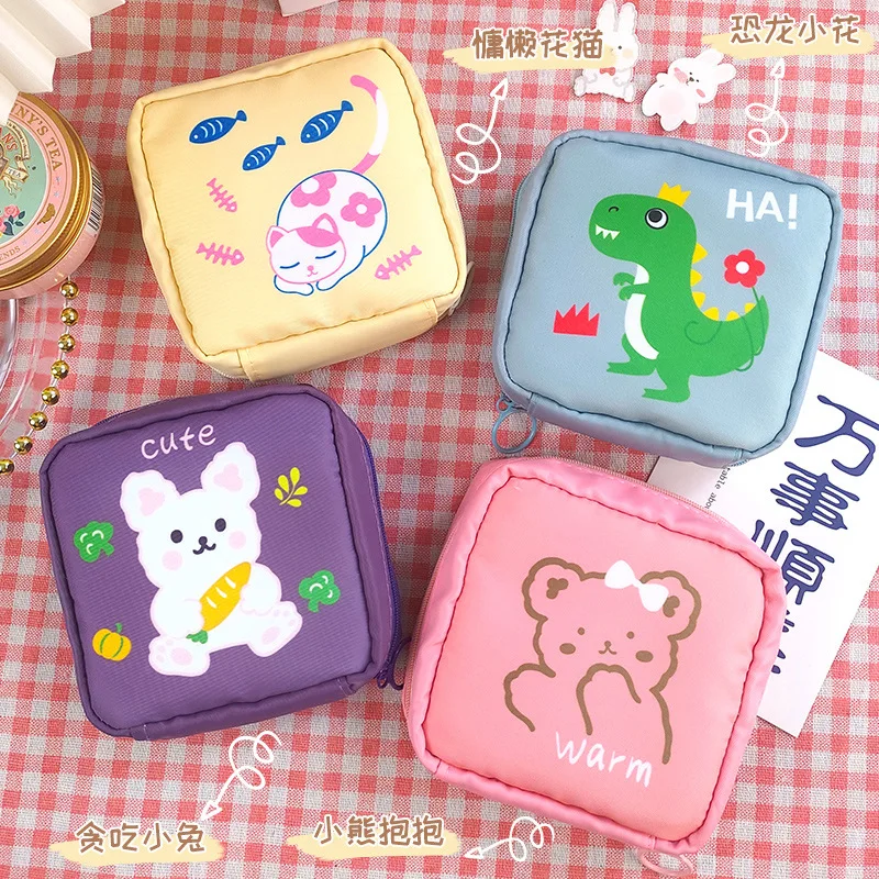 Cute Mini Cosmetic Bag Cartoon Sanitary Napkin Bag Women Coin Purse Ladies Cartoon Animal Makeup Bag Girls Hygiene Pad Bag