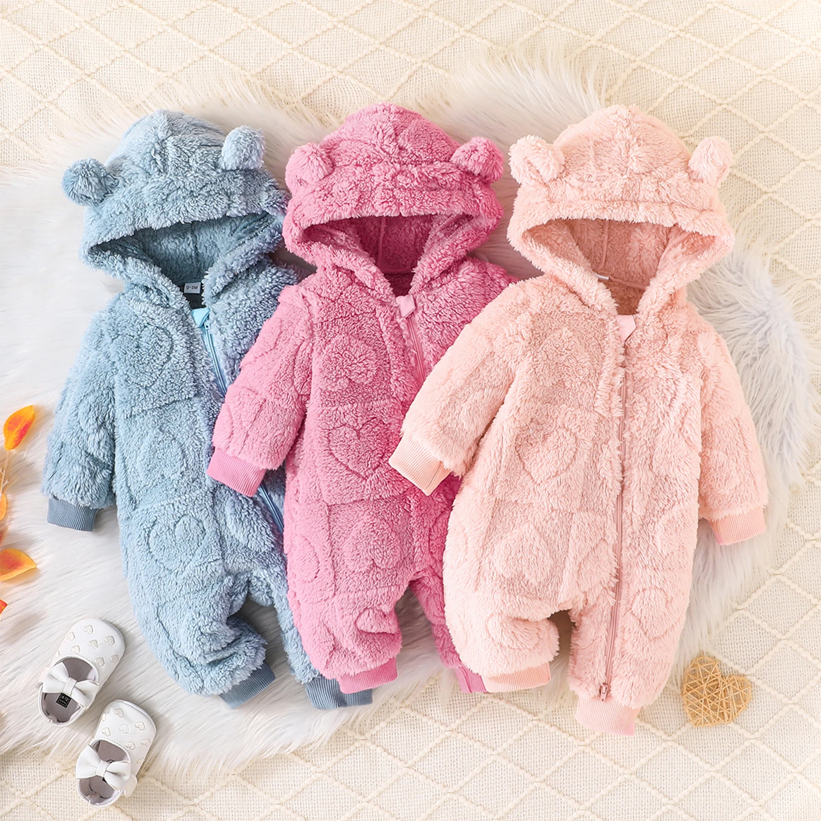 Baby Girls Winter Plush Romper Solid Color Plush Hooded Long Sleeve Warm Jumpsuits for Newborn Infant Toddler Snowwear Clothes