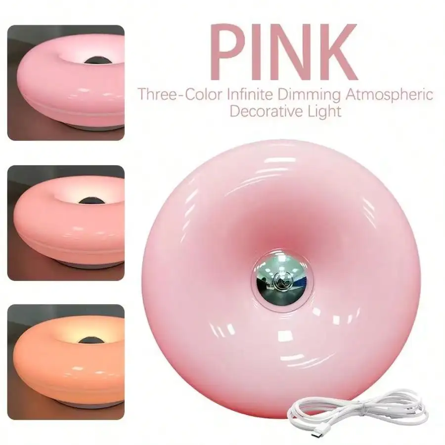Modern Design Donut Table Lamp, LED Bedside Desk Lamp With Durable Shade, Rotomolded Small 3-Color Dimmable Nightstand Lamps (Not Glass) (Pink) Dimmable Usb