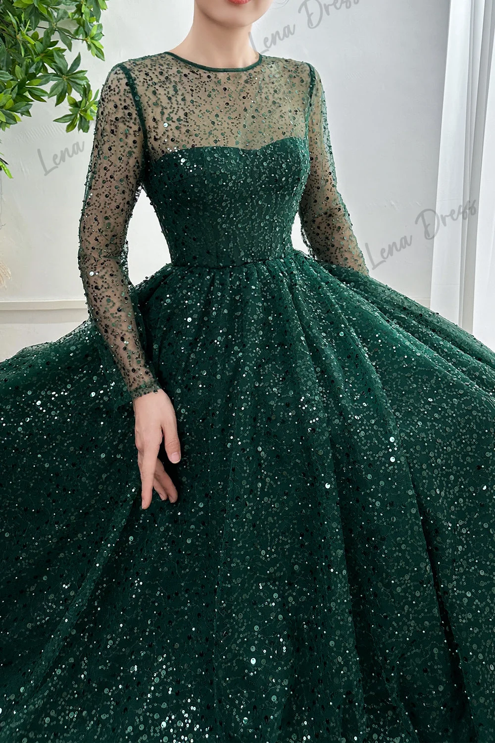 Lena Evening Dresses Woman Elegant Party Dresses for Wedding Night Long Sleeves Round Neck Green Beaded Lace Line A Gala Dress