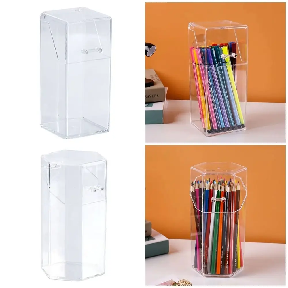 

1Pcs Waterproof Dustproof Acrylic Pen Holder Transparent With Lid Desktop Organizer Office Supply Student Stationery Storage Box