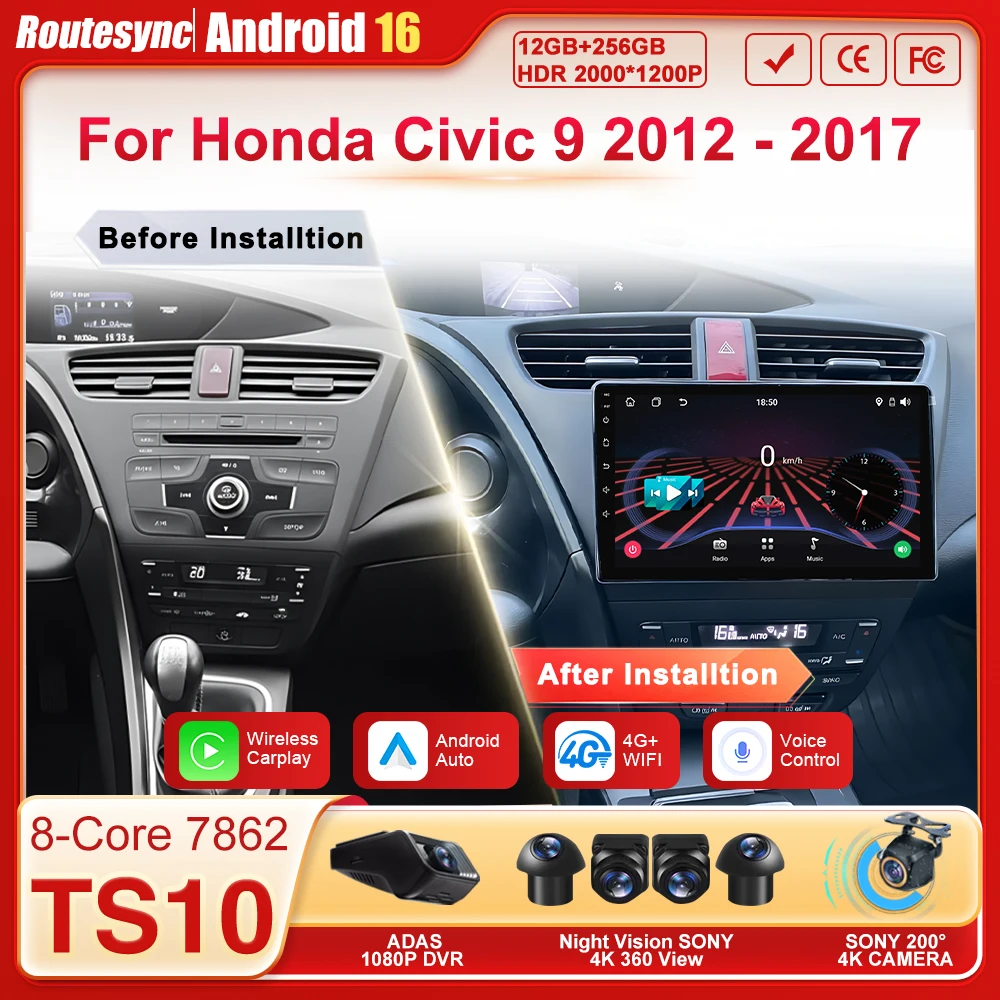 

2 Din автомагнитола для Honda Civic 9 2012-2017, Android 16, мультимедийный плеер, Carplay, динамики, экран, навигация GPS, 8-ядерный процессор, 5G Wi-Fi