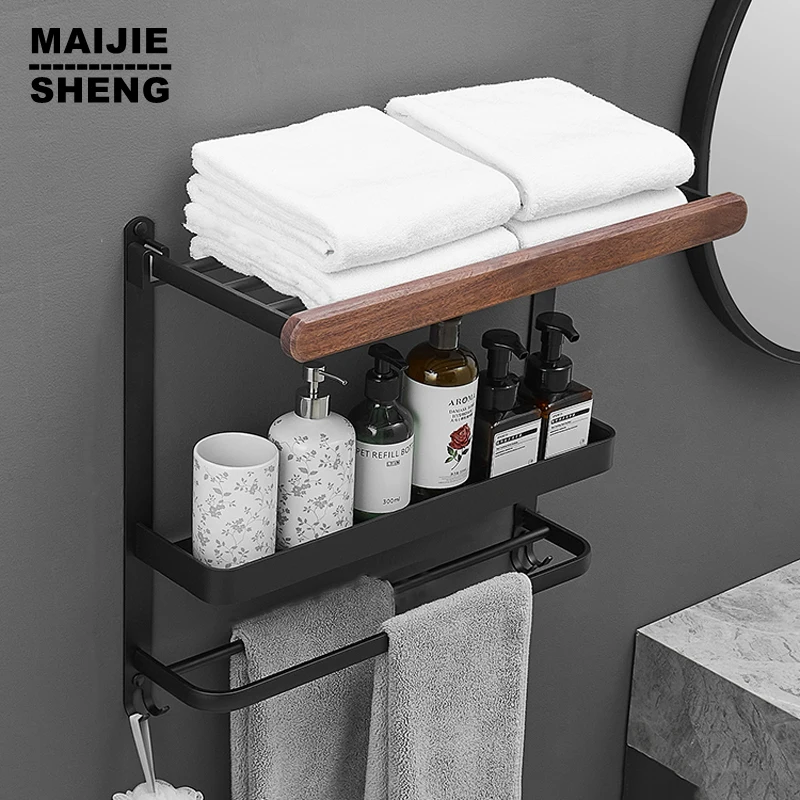 

Towel Rack 30-50 CM Folding Holder With Hook Bathroom Accessories Wall Mount Rail Shower Hanger Aluminum Bar Matte Black Shelf