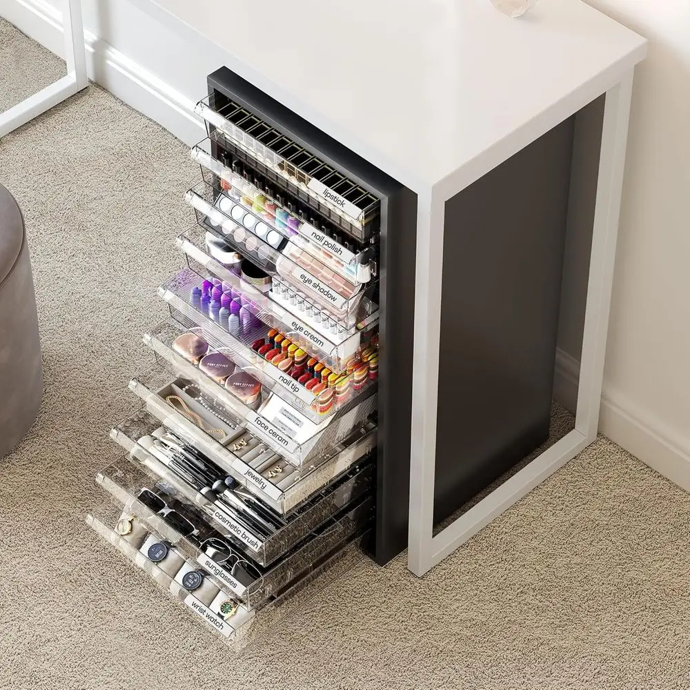 Шкаф для хранения на колесиках с 10 прозрачными ящиками для макияжа, поделок и офисов — черная деревянная универсальная тележка