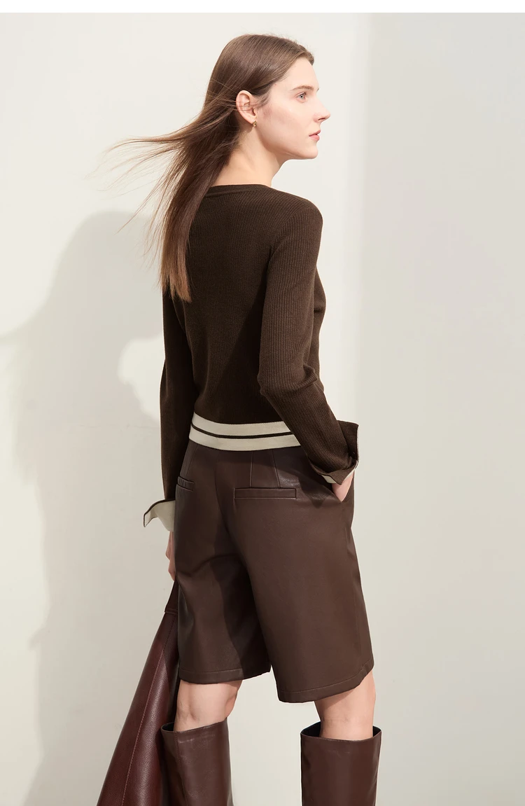 Amii Minimalism 2026 Strickjacke für Damen Herbst Neu Pendler O-Ausschnitt Gespleißte Kurze Wollstreifen Schlanke Langarm-Oberteile 12443022 – Detail 14