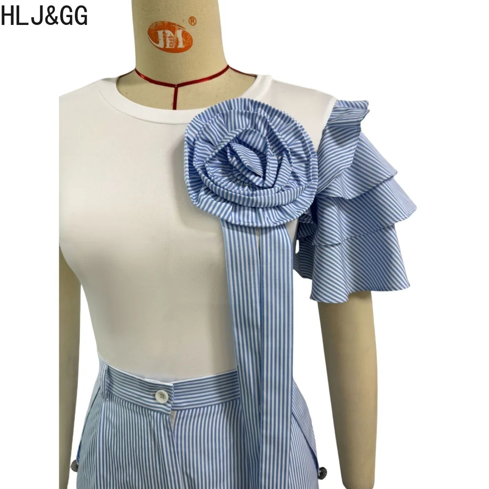 HLJ&GG Elegant Lady Stripe Print Two Piece Sets For Women Flowers Ruched Slim Top And Wide Leg Pants Outfits Female OL Clothing