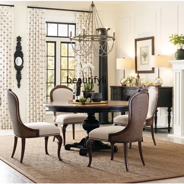 M178 American retro old dining table household solid wood table chair combination round dining table