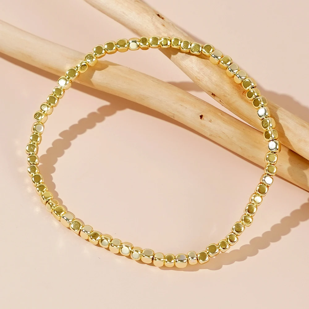 1PC Square Hematite Stone Bracelets Golden Beaded Stacking Elastic Stretch Handmade Fashion Unisex Jewelry Hawaii Trendy