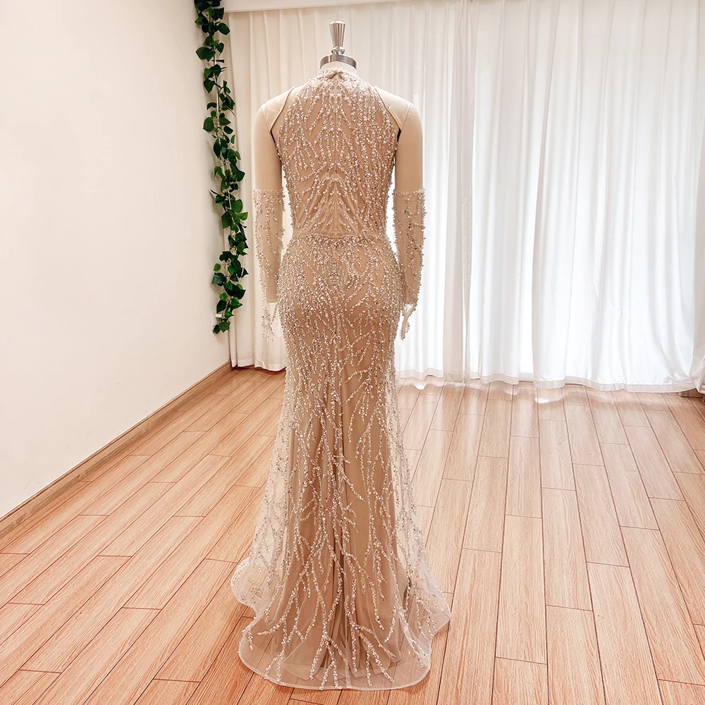 Elegant Nude Mermaid Evening Dress for Women 2024 Luxury Arabic Pearls with Gloves Formal Prom Wedding Party Gowns Customized