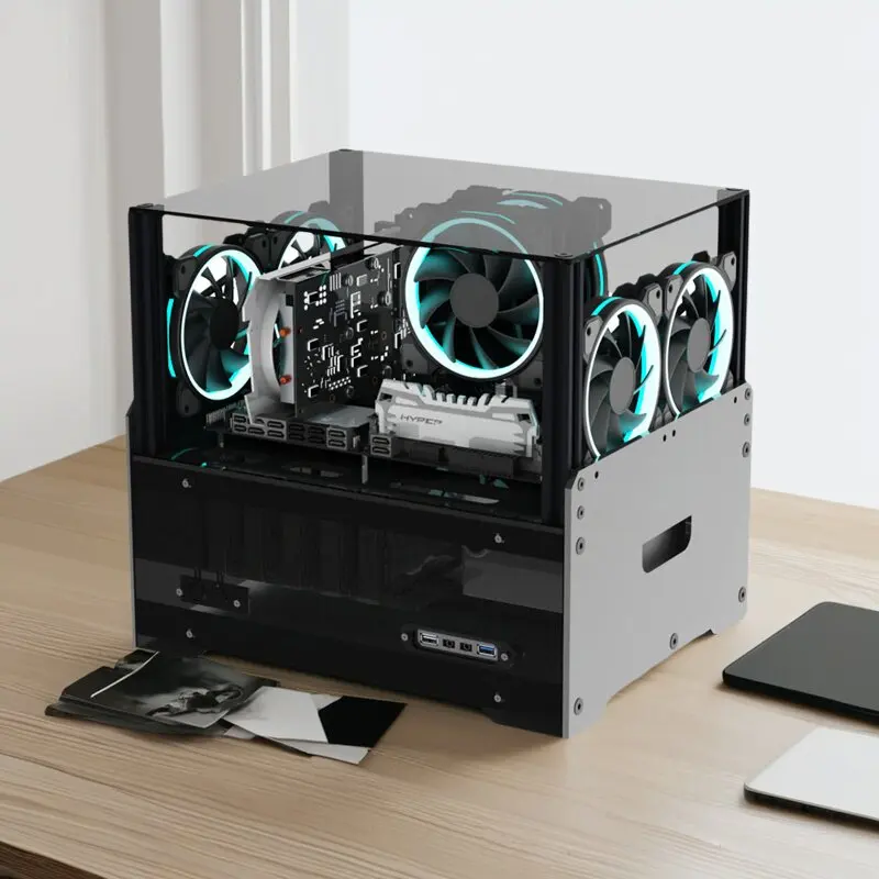 Double-layer DIY lower power supply, personalized translucent open acrylic computer water cooling, multi-hard disk NAS chassis