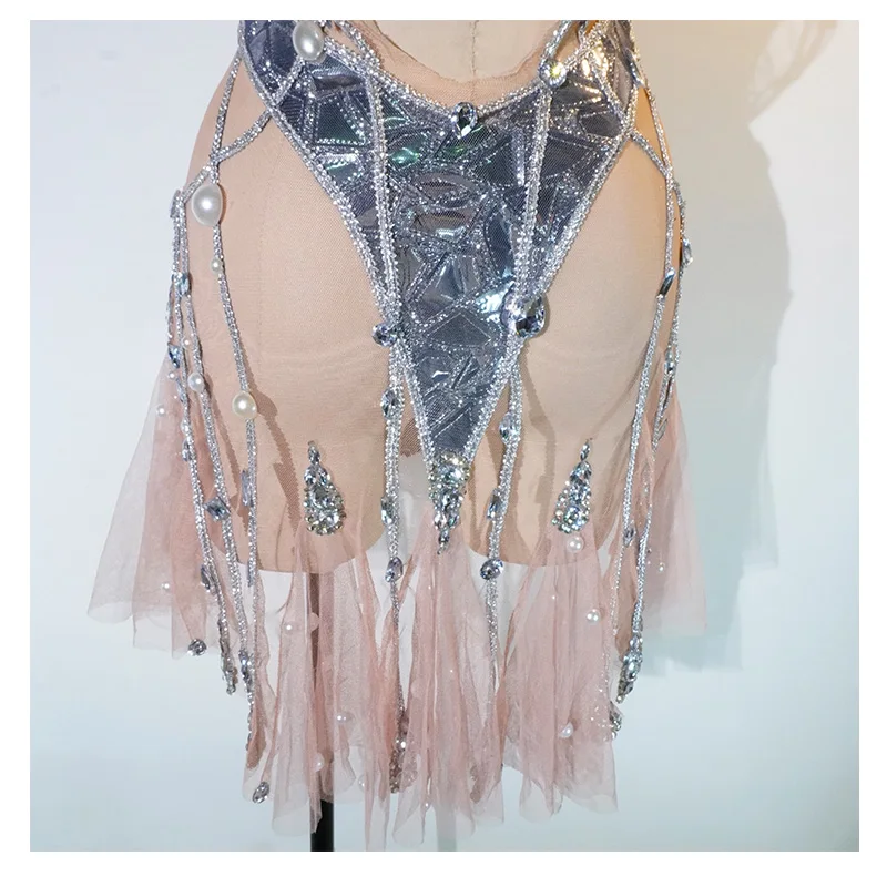 섹시한 핑크 메쉬 시스루 드레스 진주 스팽글 라인스톤 백리스 무대 가수 댄스 의상 나이트클럽 생일 짧은 드레스