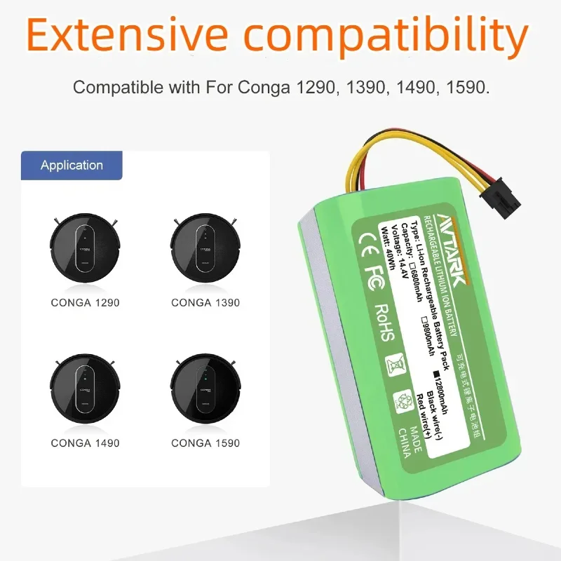 

14.4V 6800mAh Li-lon Battery For Compatible with Conga for Cecotec Conga 1290 1390 1490 1590 vacuum cleaner Replacement battery