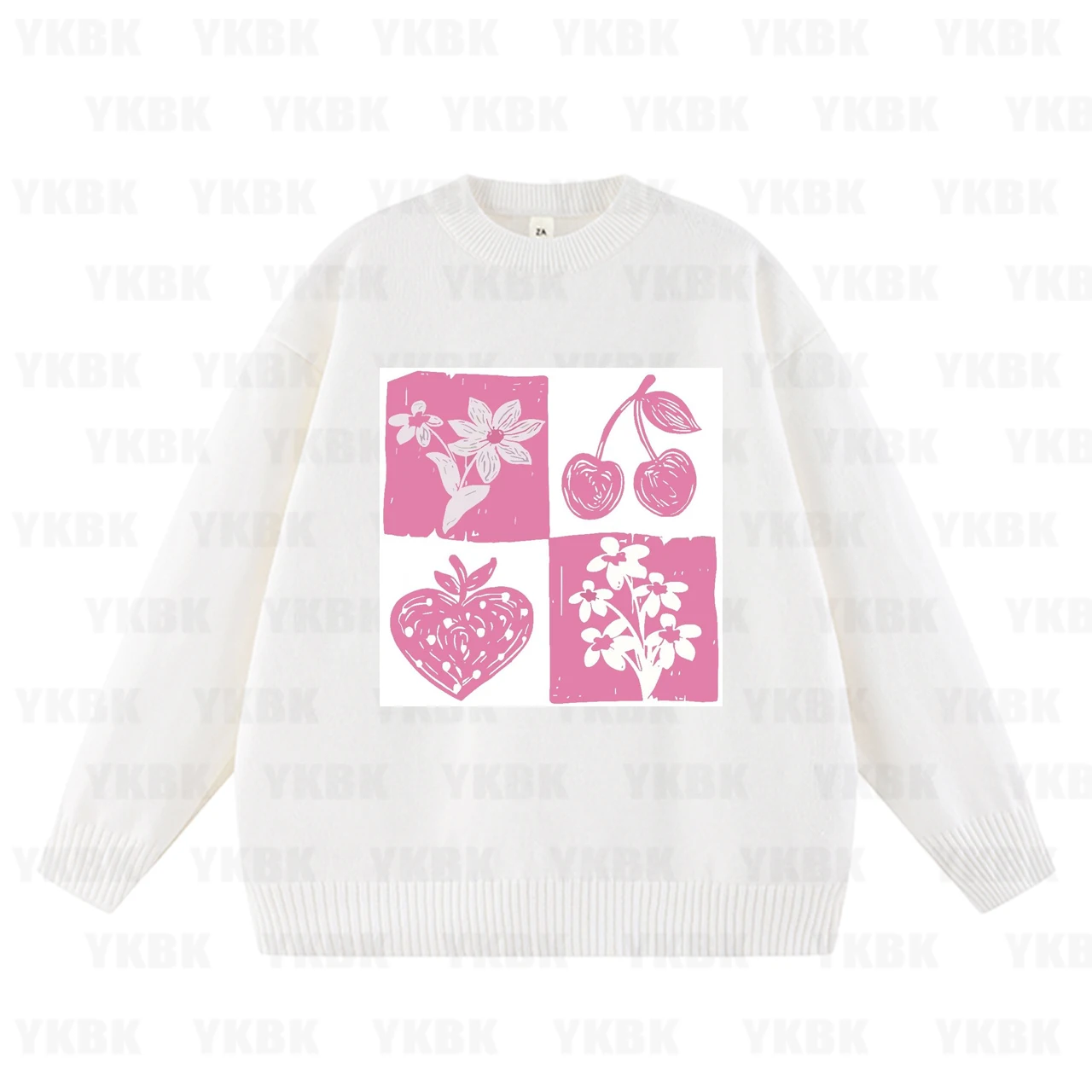 

Flower And Cherry Prints Women Washed Sweater ashion Cotton Top Casual Multicolor Sweater Loose All-Match Streetwear