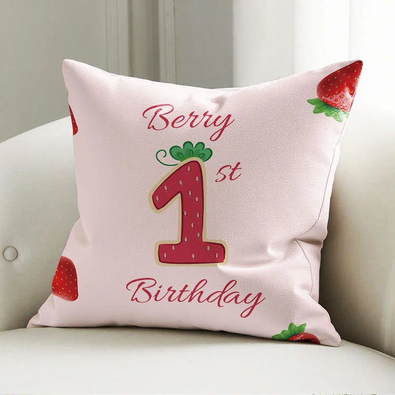 

Strawberry 1st Birthday Pillow Cover, "Berry Birthday" Print Cushion Case, Kids Party Sofa Bedroom Decor Pillow