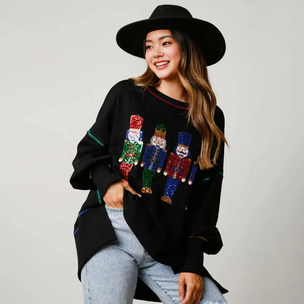 Sudadera de lentejuelas con patrón de dibujos animados para mujer, dobladillo con abertura, cuello redondo, manga larga, estilo navideño, fiesta de año nuevo, Top de rendimiento